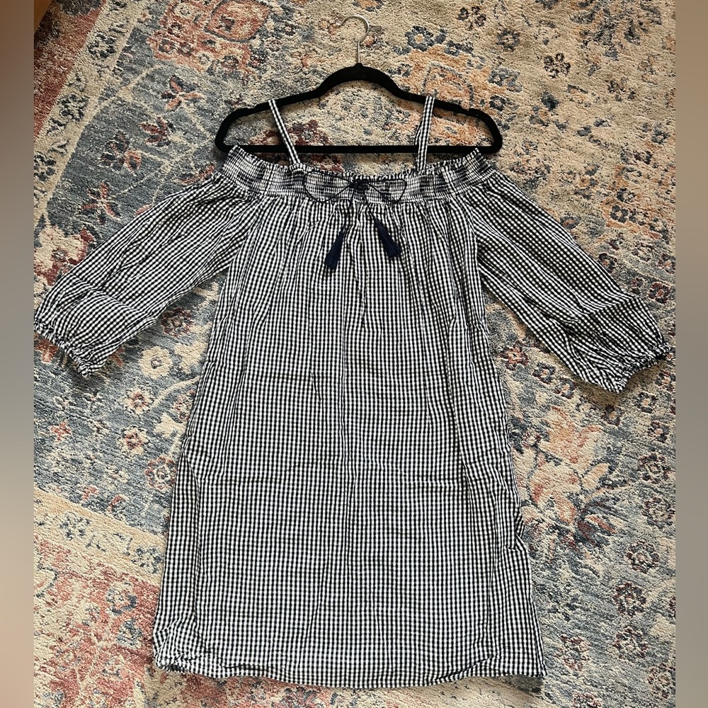 Off-the-shoulder gingham dress, worn once, size Small Petite
